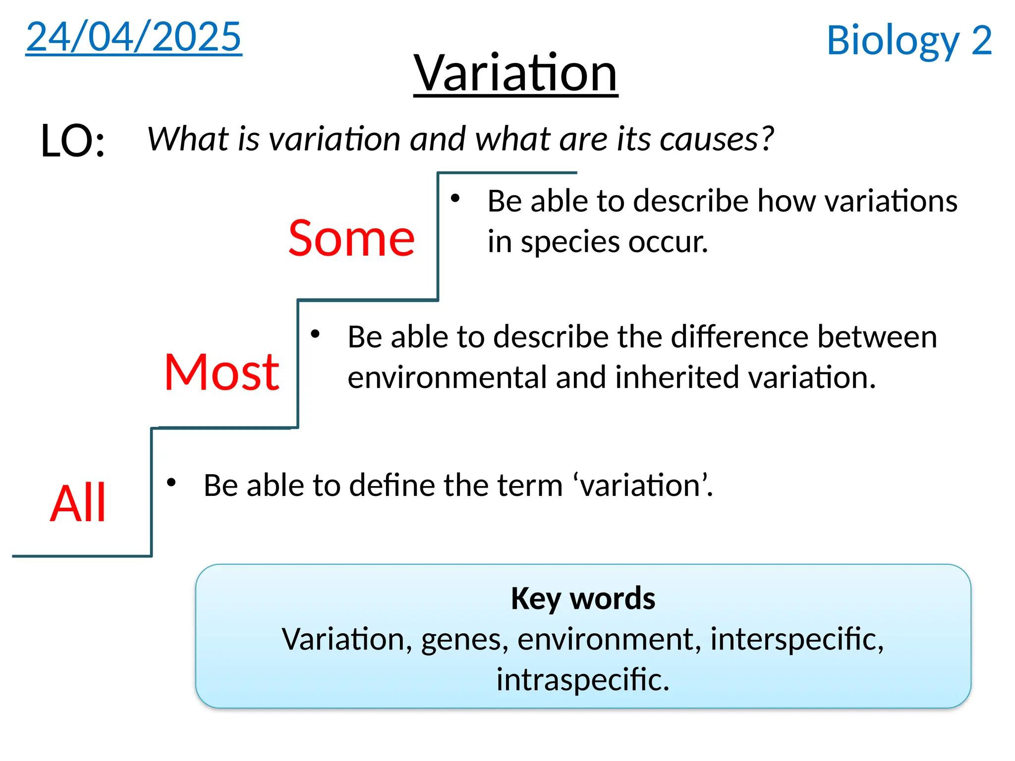 Biology 2
Variation
What is variation and what are its causes?
LO:
All
Most
Some
• Be able to define the term ‘variation’.
• Be able to describe the difference between
environmental and inherited variation.
• Be able to describe how variations
in species occur.
24/04/2025
Key words
Variation, genes, environment, interspecific,
intraspecific.
 