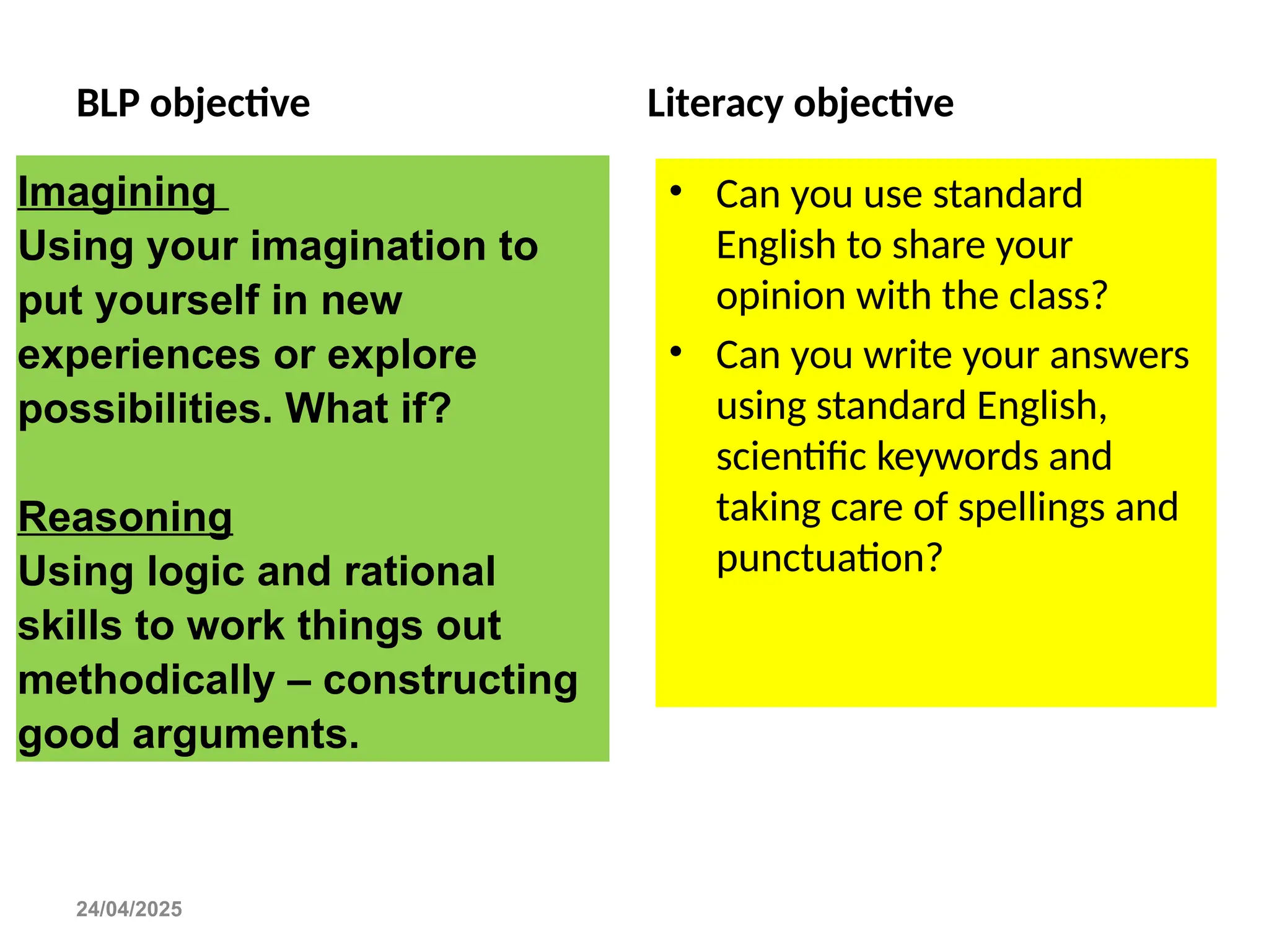 BLP objective
Imagining
Using your imagination to
put yourself in new
experiences or explore
possibilities. What if?
Reasoning
Using logic and rational
skills to work things out
methodically – constructing
good arguments.
Literacy objective
• Can you use standard
English to share your
opinion with the class?
• Can you write your answers
using standard English,
scientific keywords and
taking care of spellings and
punctuation?
24/04/2025
 