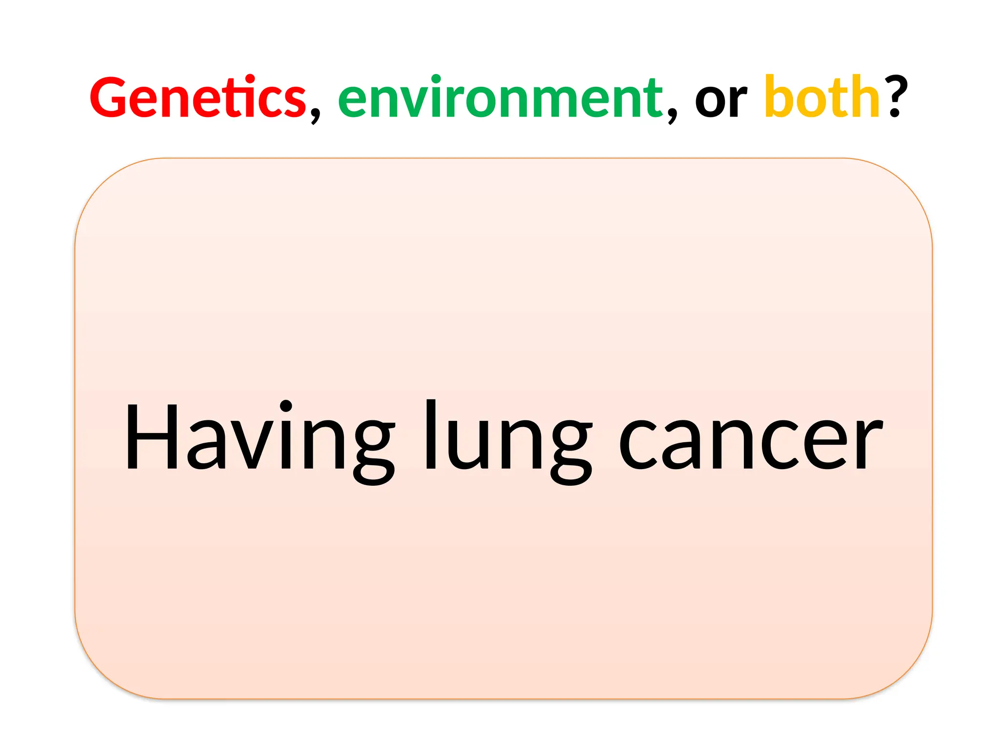 Genetics, environment, or both?
Having lung cancer
 