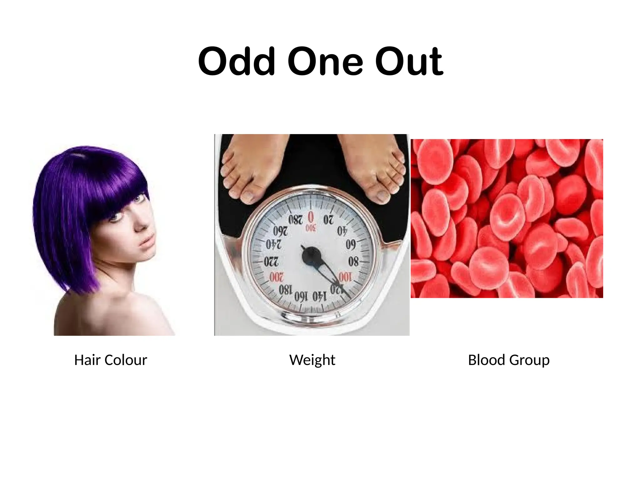 Odd One Out
Hair Colour Weight Blood Group
 