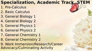 Specialization, Academic Track, STEM
1. Pre-Calculus
2. Basic Calculus
3. General Biology 1
4. General Biology 2
5. General Physics 1
6. General Physics 2
7. General Chemistry 1
8. General Chemistry 2
9. Work Immersion/Research/Career
Advocacy/Culminating Activity
 