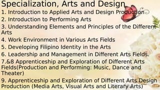 Specialization, Arts and Design
1. Introduction to Applied Arts and Design Production
2. Introduction to Performing Arts
3. Understanding Elements and Principles of the Different
Arts
4. Work Environment in Various Arts Fields
5. Developing Filipino Identity in the Arts
6. Leadership and Management in Different Arts Fields.
7.&8 Apprenticeship and Exploration of Different Arts
Fields(Production and Performing: Music, Dance and
Theater)
9. Apprenticeship and Exploration of Different Arts Design
Production (Media Arts, Visual Arts and Literary Arts)
 