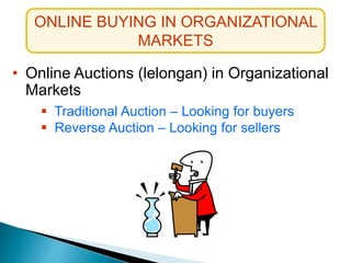 ONLINE BUYING IN ORGANIZATIONAL
MARKETS
• Online Auctions (lelongan) in Organizational
Markets
 Traditional Auction – Looking for buyers
 Reverse Auction – Looking for sellers
 