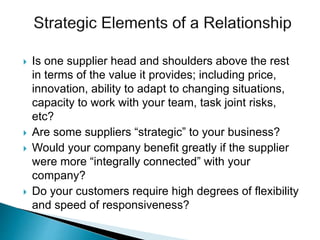  Is one supplier head and shoulders above the rest
in terms of the value it provides; including price,
innovation, ability to adapt to changing situations,
capacity to work with your team, task joint risks,
etc?
 Are some suppliers “strategic” to your business?
 Would your company benefit greatly if the supplier
were more “integrally connected” with your
company?
 Do your customers require high degrees of flexibility
and speed of responsiveness?
 