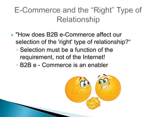  "How does B2B e-Commerce affect our
selection of the 'right' type of relationship?“
◦ Selection must be a function of the
requirement, not of the Internet!
◦ B2B e - Commerce is an enabler
 