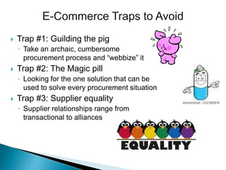  Trap #1: Guilding the pig
◦ Take an archaic, cumbersome
procurement process and “webbize” it
 Trap #2: The Magic pill
◦ Looking for the one solution that can be
used to solve every procurement situation
 Trap #3: Supplier equality
◦ Supplier relationships range from
transactional to alliances
 