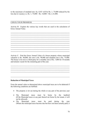 to the maximum of standard rent. So, GAV will be Rs. 1, 75,000 reduced by the
loss due to vacancy i.e. Rs. 1, 75,000 – Rs. 14,000 = Rs.1, 61,000.



CHECK YOUR PROGRESS

Activity B: Explain the various key words that are used in the calculation of
Gross Annual Value.

---------------------------------------------------------------------------------------------------
---------------------------------------------------------------------------------------------------
---------------------------------------------------------------------------------------------------
---------------------------------------------------------------------------------------------------
---------------------------------------------------------------------------------------------------
---------------------------------------------------------------------------------------------------
---------------------------------------------------------------------------------------------------
---------------------------------------------------------------------------------------------------
---------------------------------------------------------------------------------------------------
---------------------------------------------------------------------------------------------------

Activity C: Find the Gross Annual Value of a house property whose municipal
valuation is Rs. 80,000, fair rent is Rs. 90,000 and standard rent is Rs. 75,000.
The house is let out to a third party for a monthly rent of Rs. 7,000 for 10 months
and remains vacant for the remaining part of the year.

---------------------------------------------------------------------------------------------------
---------------------------------------------------------------------------------------------------
---------------------------------------------------------------------------------------------------
---------------------------------------------------------------------------------------------------

__________________________________________________________________

Deduction of Municipal Taxes

From the annual value as determined above municipal taxes are to be deducted if
the following conditions are fulfilled:

    •    The property is let out during the whole or any part of the previous year

    •    The Municipal taxes must be borne by the landlord
         (If the Municipal taxes or any part thereof are borne by the tenant, it will
         not be allowed).
    •    The     Municipal    taxes    must     be    paid    during     the     year
         (Where the municipal taxes become due but have not been actually paid, it



                                                                                                78
 