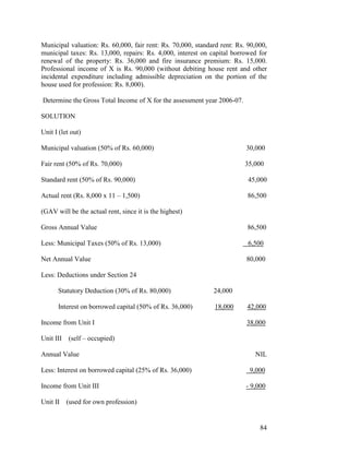 Municipal valuation: Rs. 60,000, fair rent: Rs. 70,000, standard rent: Rs. 90,000,
municipal taxes: Rs. 13,000, repairs: Rs. 4,000, interest on capital borrowed for
renewal of the property: Rs. 36,000 and fire insurance premium: Rs. 15,000.
Professional income of X is Rs. 90,000 (without debiting house rent and other
incidental expenditure including admissible depreciation on the portion of the
house used for profession: Rs. 8,000).

Determine the Gross Total Income of X for the assessment year 2006-07.

SOLUTION

Unit I (let out)

Municipal valuation (50% of Rs. 60,000)                                   30,000

Fair rent (50% of Rs. 70,000)                                             35,000

Standard rent (50% of Rs. 90,000)                                          45,000

Actual rent (Rs. 8,000 x 11 – 1,500)                                      86,500

(GAV will be the actual rent, since it is the highest)

Gross Annual Value                                                        86,500

Less: Municipal Taxes (50% of Rs. 13,000)                                  6,500

Net Annual Value                                                          80,000

Less: Deductions under Section 24

      Statutory Deduction (30% of Rs. 80,000)                 24,000

      Interest on borrowed capital (50% of Rs. 36,000)         18,000     42,000

Income from Unit I                                                        38,000

Unit III (self – occupied)

Annual Value                                                                 NIL

Less: Interest on borrowed capital (25% of Rs. 36,000)                     9,000

Income from Unit III                                                      - 9,000

Unit II (used for own profession)


                                                                               84
 