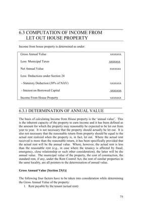 ____________________________________________
6.3 COMPUTATION OF INCOME FROM
    LET OUT HOUSE PROPERTY
Income from house property is determined as under:

 Gross Annual Value                                                       xxxxxxx

 Less: Municipal Taxes                                                   xxxxxxx

 Net Annual Value                                                         xxxxxxx

 Less: Deductions under Section 24

 - Statutory Deduction (30% of NAV)                                       xxxxxxx

 - Interest on Borrowed Capital                                           xxxxxxx

 Income From House Property                                               xxxxxxx

_________________________________________________
6.3.1 DETERMINATION OF ANNUAL VALUE
The basis of calculating Income from House property is the ‘annual value’. This
is the inherent capacity of the property to earn income and it has been defined as
the amount for which the property may reasonably be expected to be let out from
year to year. It is not necessary that the property should actually be let out. It is
also not necessary that the reasonable return from property should be equal to the
actual rent realized when the property is, in fact, let out. Where the actual rent
received is more than the reasonable return, it has been specifically provided that
the actual rent will be the annual value. Where, however, the actual rent is less
than the reasonable rent (e.g., in case where the tenancy is affected by fraud,
emergency, close relationship or such other consideration), the latter will be the
annual value. The municipal value of the property, the cost of construction, the
standard rent, if any, under the Rent Control Act, the rent of similar properties in
the same locality, are all pointers to the determination of annual value.

Gross Annual Value [Section 23(1)]

The following four factors have to be taken into consideration while determining
the Gross Annual Value of the property:
    1. Rent payable by the tenant (actual rent)


                                                                                  75
 