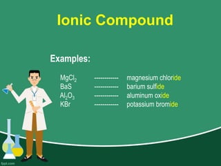 Ionic Compound
Examples:
MgCl2 ------------ magnesium chloride
BaS ------------ barium sulfide
Al2O3 ------------ aluminum oxide
KBr ------------ potassium bromide
 