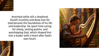 Anointed while still a shepherd,
David’s humility and deep love for
God became the foundation of his life
and leadership. He spent time caring
for sheep, writing psalms, and
worshipping God, which shaped him
into a leader with a heart after God’s
own heart.
 
