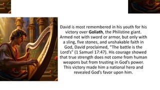 David is most remembered in his youth for his
victory over Goliath, the Philistine giant.
Armed not with sword or armor, but only with
a sling, five stones, and unshakable faith in
God, David proclaimed, “The battle is the
Lord’s” (1 Samuel 17:47). His courage showed
that true strength does not come from human
weapons but from trusting in God’s power.
This victory made him a national hero and
revealed God’s favor upon him.
 