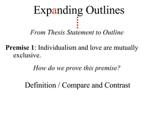From Thesis Statement to Outline Premise 1 : Individualism and love are mutually exclusive. How do we prove this premise? Definition / Compare and Contrast Exp a nding   Outlines 