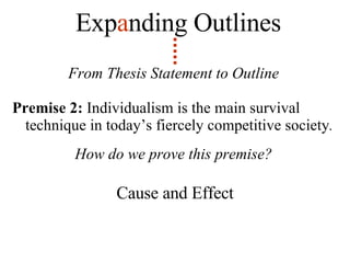 From Thesis Statement to Outline Premise 2:  Individualism is the main survival technique in today’s fiercely competitive society .   How do we prove this premise? Cause and Effect Exp a nding   Outlines 