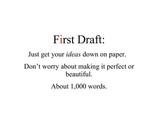 F i rst Draft: Just get your  ideas  down on paper.  Don’t worry about making it perfect or beautiful. About 1,000 words. 
