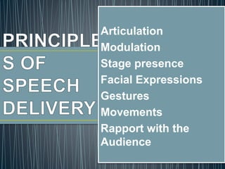 Articulation
Modulation
Stage presence
Facial Expressions
Gestures
Movements
Rapport with the
Audience
 