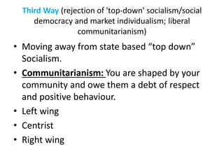 Third Way (rejection of 'top-down' socialism/social
democracy and market individualism; liberal
communitarianism)
• Moving away from state based “top down”
Socialism.
• Communitarianism: You are shaped by your
community and owe them a debt of respect
and positive behaviour.
• Left wing
• Centrist
• Right wing
 