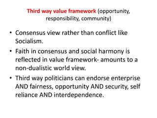 Third way value framework (opportunity,
responsibility, community)
• Consensus view rather than conflict like
Socialism.
• Faith in consensus and social harmony is
reflected in value framework- amounts to a
non-dualistic world view.
• Third way politicians can endorse enterprise
AND fairness, opportunity AND security, self
reliance AND interdependence.
 