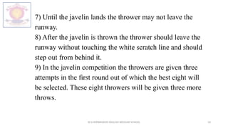 7) Until the javelin lands the thrower may not leave the
runway.
8) After the javelin is thrown the thrower should leave the
runway without touching the white scratch line and should
step out from behind it.
9) In the javelin competition the throwers are given three
attempts in the first round out of which the best eight will
be selected. These eight throwers will be given three more
throws.
M.V.HERWADKAR ENGLISH MEDIUM SCHOOL 10
 
