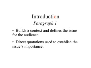 Paragraph 1 Builds a context and defines the issue for the audience. Direct quotations used to establish the issue’s importance. Introducti o n 