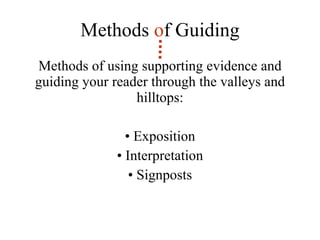 Methods  o f Guiding Methods of using supporting evidence and guiding your reader through the valleys and hilltops: Exposition Interpretation Signposts 