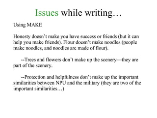 Issues  while writing… Using MAKE Honesty doesn’t make you have success or friends (but it can help you make friends). Flour doesn’t make noodles (people make noodles, and noodles are made of flour). --Trees and flowers don’t make up the scenery—they are part of the scenery. --Protection and helpfulness don’t make up the important similarities between NPU and the military (they are two of the important similarities…) 