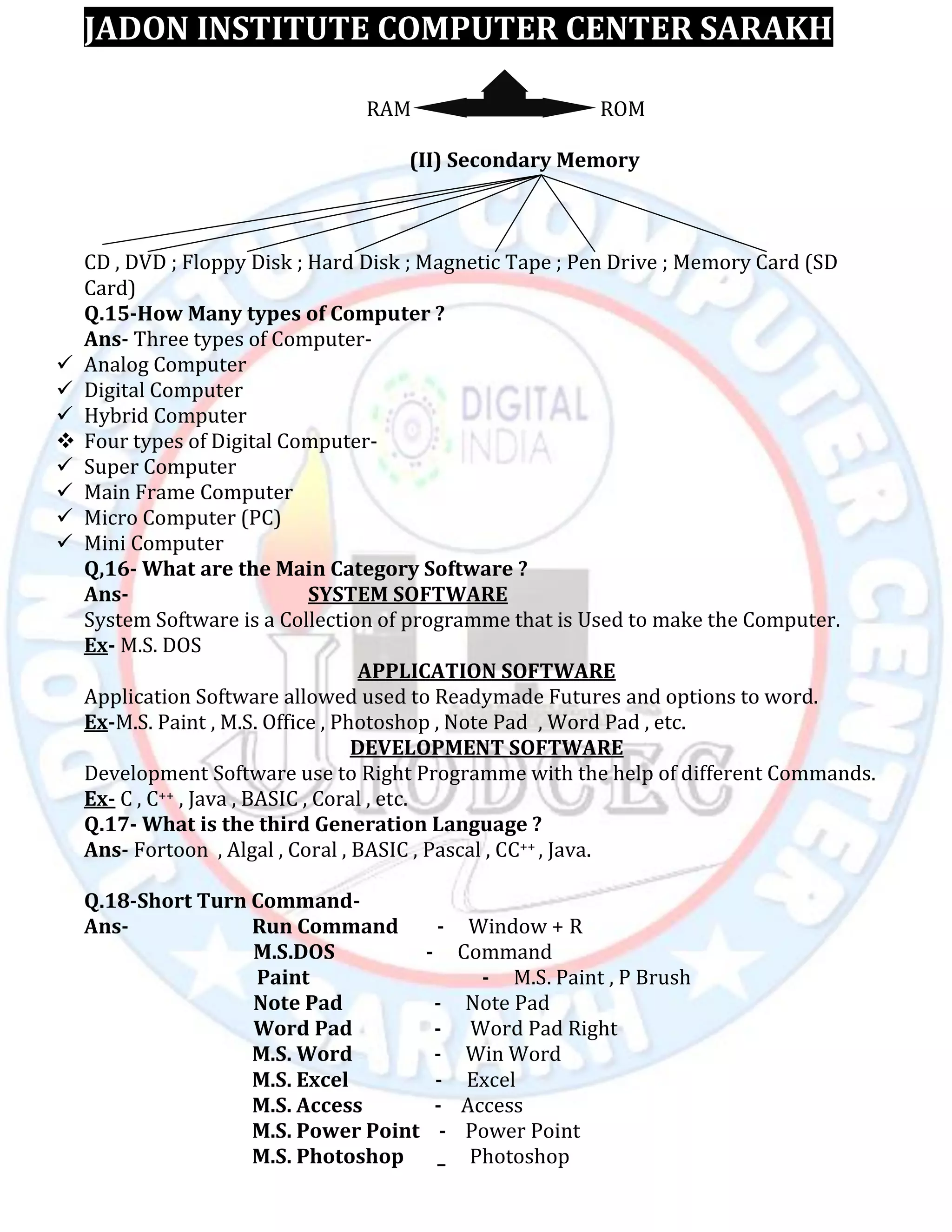 JADON INSTITUTE COMPUTER CENTER SARAKH
RAM ROM
(II) Secondary Memory
CD , DVD ; Floppy Disk ; Hard Disk ; Magnetic Tape ; Pen Drive ; Memory Card (SD
Card)
Q.15-How Many types of Computer ?
Ans- Three types of Computer-
 Analog Computer
 Digital Computer
 Hybrid Computer
 Four types of Digital Computer-
 Super Computer
 Main Frame Computer
 Micro Computer (PC)
 Mini Computer
Q,16- What are the Main Category Software ?
Ans- SYSTEM SOFTWARE
System Software is a Collection of programme that is Used to make the Computer.
Ex- M.S. DOS
APPLICATION SOFTWARE
Application Software allowed used to Readymade Futures and options to word.
Ex-M.S. Paint , M.S. Office , Photoshop , Note Pad , Word Pad , etc.
DEVELOPMENT SOFTWARE
Development Software use to Right Programme with the help of different Commands.
Ex- C , C++ , Java , BASIC , Coral , etc.
Q.17- What is the third Generation Language ?
Ans- Fortoon , Algal , Coral , BASIC , Pascal , CC++ , Java.
Q.18-Short Turn Command-
Ans- Run Command - Window + R
M.S.DOS - Command
Paint - M.S. Paint , P Brush
Note Pad - Note Pad
Word Pad - Word Pad Right
M.S. Word - Win Word
M.S. Excel - Excel
M.S. Access - Access
M.S. Power Point - Power Point
M.S. Photoshop _ Photoshop
 