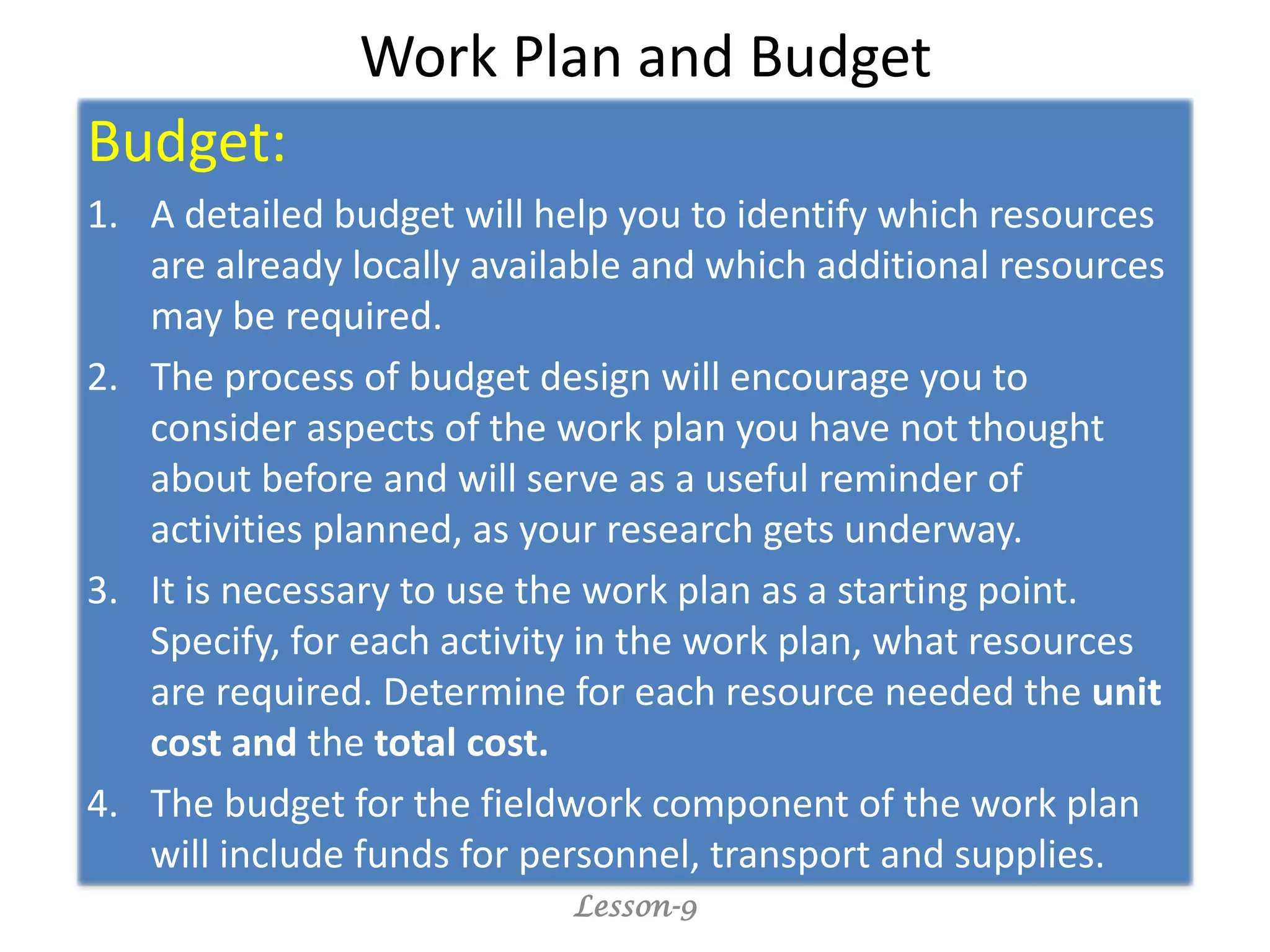 Lesson 9 work plan and budget | PDF
