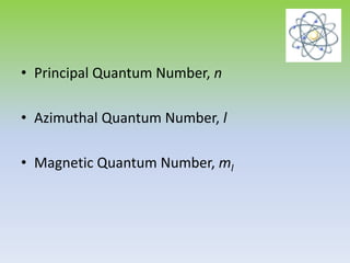 • Principal Quantum Number, n
• Azimuthal Quantum Number, l
• Magnetic Quantum Number, ml
 