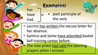 Examples:
has
have
had
+ past participle of
the verb
• Laurice has written the excuse letter for
her absence.
• Santino and Jaime have attended basket
ball training camps before.
• The new priest had said the opening
prayers when I arrived.
 