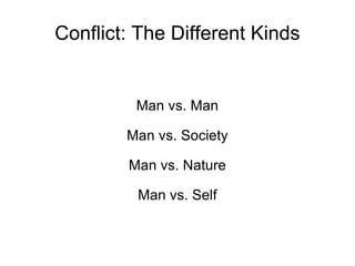 Conflict: The Different Kinds Man vs. Man Man vs. Society Man vs. Nature Man vs. Self 