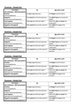 Grammar – Simple Past
Formation
ALL sentences – NOT just preterit
Be ALL other verbs
Positive
S+V+Complément.
He was angry because… He forgot to set his alarm.
Negative
S+Aux+not+V+Complement.
We weren’t on the bus because… We didn’t have any money for
tickets.
Interrogative
(MI) Aux+S+V+Complément?
Who was she with last night ? What time did you leave the
restaurant?
Negative Interogative
(MI) Aux+not+S+V+Complément?
Why weren’t you at the concert? Why didn’t they go to the
concert?
Grammar – Simple Past
Formation
ALL sentences – NOT just preterit
Be ALL other verbs
Positive
S+V+Complément.
He was angry because… He forgot to set his alarm.
Negative
S+Aux+not+V+Complement.
We weren’t on the bus because… We didn’t have any money for
tickets.
Interrogative
(MI) Aux+S+V+Complément?
Who was she with last night ? What time did you leave the
restaurant?
Negative Interogative
(MI) Aux+not+S+V+Complément?
Why weren’t you at the concert? Why didn’t they go to the
concert?
Grammar – Simple Past
Formation
ALL sentences – NOT just preterit
Be ALL other verbs
Positive
S+V+Complément.
He was angry because… He forgot to set his alarm.
Negative
S+Aux+not+V+Complement.
We weren’t on the bus because… We didn’t have any money for
tickets.
Interrogative
(MI) Aux+S+V+Complément?
Who was she with last night ? What time did you leave the
restaurant?
Negative Interogative
(MI) Aux+not+S+V+Complément?
Why weren’t you at the concert? Why didn’t they go to the
concert?
Grammar – Simple Past
Formation
ALL sentences – NOT just preterit
Be ALL other verbs
Positive
S+V+Complément.
He was angry because… He forgot to set his alarm.
Negative
S+Aux+not+V+Complement.
We weren’t on the bus because… We didn’t have any money for
tickets.
Interrogative
(MI) Aux+S+V+Complément?
Who was she with last night ? What time did you leave the
restaurant?
Negative Interogative
(MI) Aux+not+S+V+Complément?
Why weren’t you at the concert? Why didn’t they go to the
concert?
 