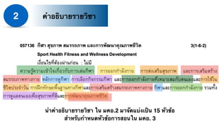 2 คำอธิบายรายวิชา
นำคำอธิบายรายวิชา ใน มคอ.2 มาจัดแบ่งเป็น 15 หัวข้อ
สำหรับกำหนดหัวข้อการสอนใน มคอ. 3
 