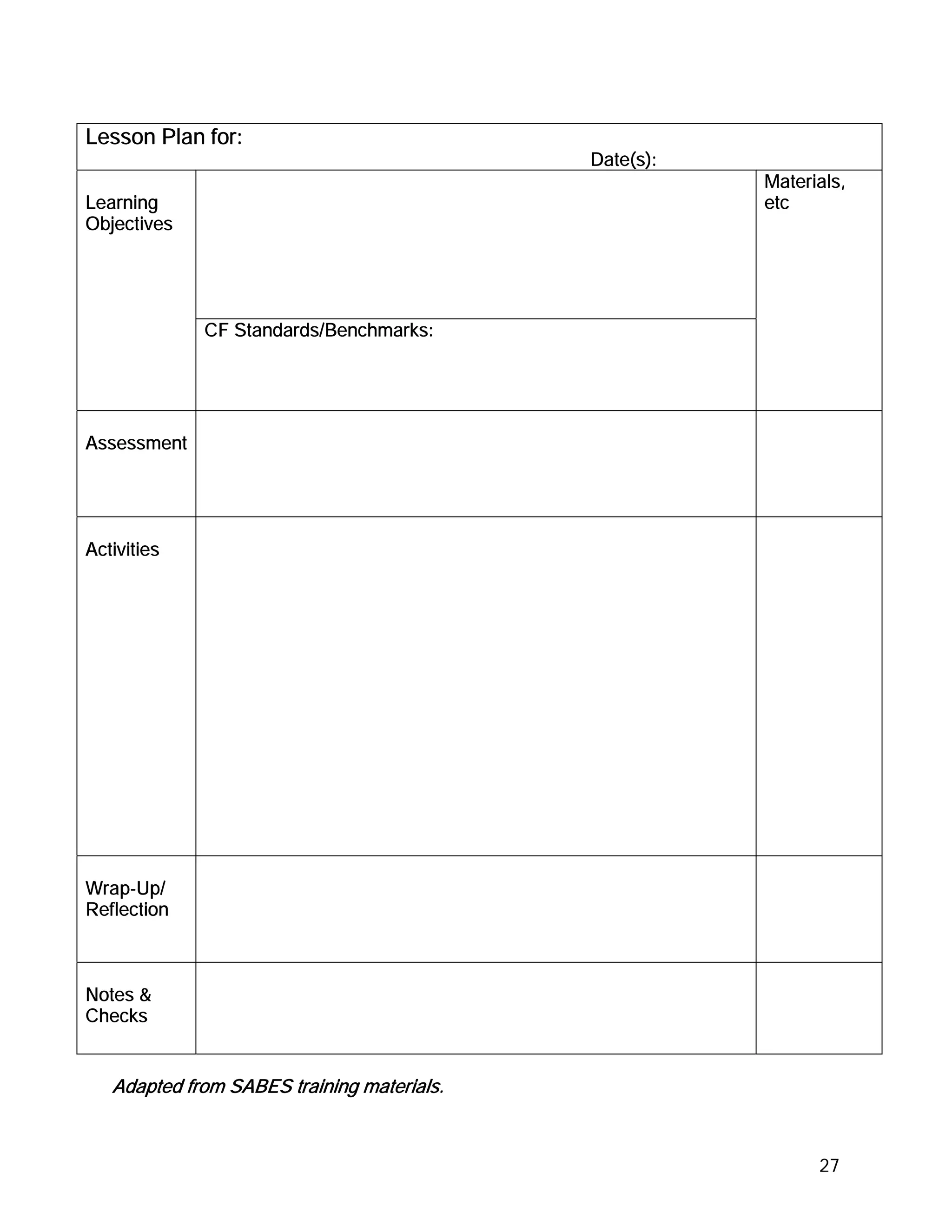 Lesson Plan for:
                                            Date(s):
                                                       Materials,
Learning                                               etc
Objectives




             CF Standards/Benchmarks:




Assessment




Activities




Wrap-Up/
Reflection



Notes &
Checks


   Adapted from SABES training materials.



                                                             27
 
