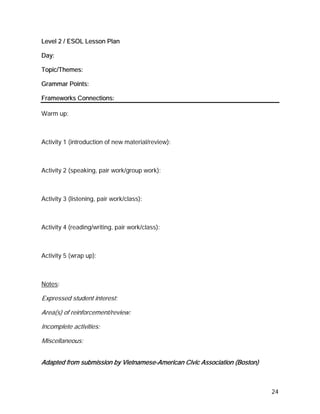 Level 2 / ESOL Lesson Plan

Day:

Topic/Themes:

Grammar Points:

Frameworks Connections:

Warm up:



Activity 1 (introduction of new material/review):



Activity 2 (speaking, pair work/group work):



Activity 3 (listening, pair work/class):



Activity 4 (reading/writing, pair work/class):



Activity 5 (wrap up):



Notes:

Expressed student interest:

Area(s) of reinforcement/review:

Incomplete activities:

Miscellaneous:


Adapted from submission by Vietnamese-American Civic Association (Boston)



                                                                            24
 
