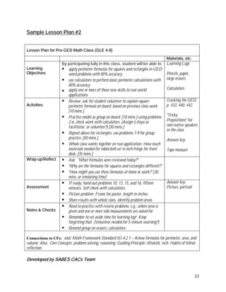 Sample Lesson Plan #2


Lesson Plan for Pre-GED Math Class (GLE 4-8)

                                                                                          Materials, etc.
                      By participating fully in this class, student will be able to:      Learning Logs
Learning                  apply perimeter formulas for squares and rectangles in GED
Objectives                word problems with 80% accuracy.                                Pencils, paper,
                          use calculators to perform basic perimeter calculations with    large erasers
                          80% accuracy.
                          apply one or more of these new skills to real world             Calculators
                          applications.
                          Review: ask for student volunteer to explain square             Cracking the GED,
Activities                perimeter formula on board, based on previous class work.       p. 433, 440, 442.
                          [10 mins.]
                          Practice model as group on board. [10 mins.] using problems     "Tricky
                          2-6, check work with calculators. (Assign Litoya as             Prepositions" for
                          facilitator, or volunteer?) [30 mins.]                          non-native speakers
                                                                                          in the class
                          Repeat above for rectangles; use problems 7-9 for group
                          practice. [50 mins.]                                            Answer key
                          Whole class works together on real application: How much
                          materials needed for tablecloth w/ 6-inch fringe for front      Tape measure
                          desk. [35 mins.]
Wrap-up/Reflect           Ask: "What formulas were reviewed today?"
                          "Why are the formulas for squares and rectangles different?"
                          "How might you use these formulas at home or work?" [30
                          mins. or remaining time]
                          If ready, hand out problems 10, 13, 15, and 16, fifteen         Answer key.
Assessment                minutes. Self-check with calculators.                           Picture, portrait
                          Picture problem: Frame for poster, length in inches.
                          Share results with whole class, identify problem areas.
                          Need to practice with reverse problems, e.g., where area is
Notes & Checks            given and one or more side measurements are asked for.
                          Remember to set aside time for learning log! Keep
                          forgetting that. (Volunteer needed for 5-minute warning?)
                          Remind group on erasers, calculators.

Connections to CFs: ABE Math Framework Standard 5G-4.2.1 – Know formulas for perimeter, area, and
volume; Also, Core Concepts: problem-solving, reasoning; Guiding Principle: lifeskills, tech. Habits of Mind:
reflection.

Developed by SABES CACs Team


                                                                                                              31
 