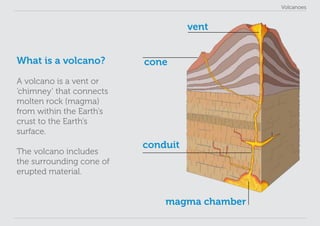 Volcanoes
What is a volcano?
A volcano is a vent or
‘chimney’ that connects
molten rock (magma)
from within the Earth’s
crust to the Earth’s
surface.
The volcano includes
the surrounding cone of
erupted material.
vent
magma chamber
conduit
cone
 