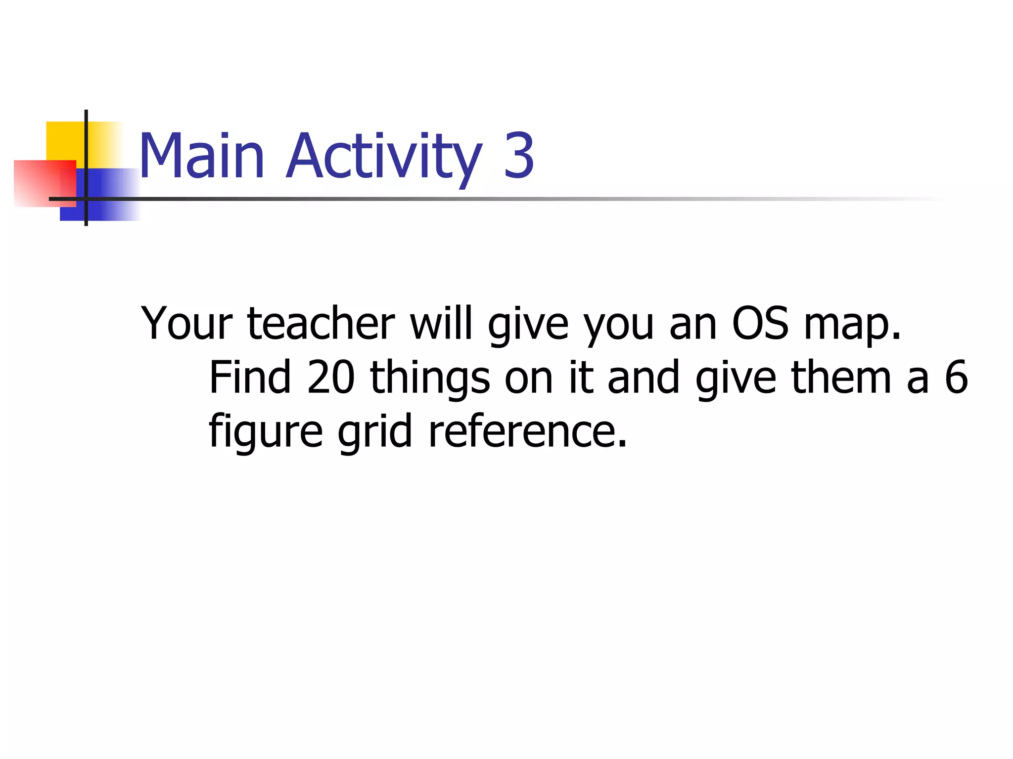 Main Activity 3 Your teacher will give you an OS map. Find 20 things on it and give them a 6 figure grid reference.  