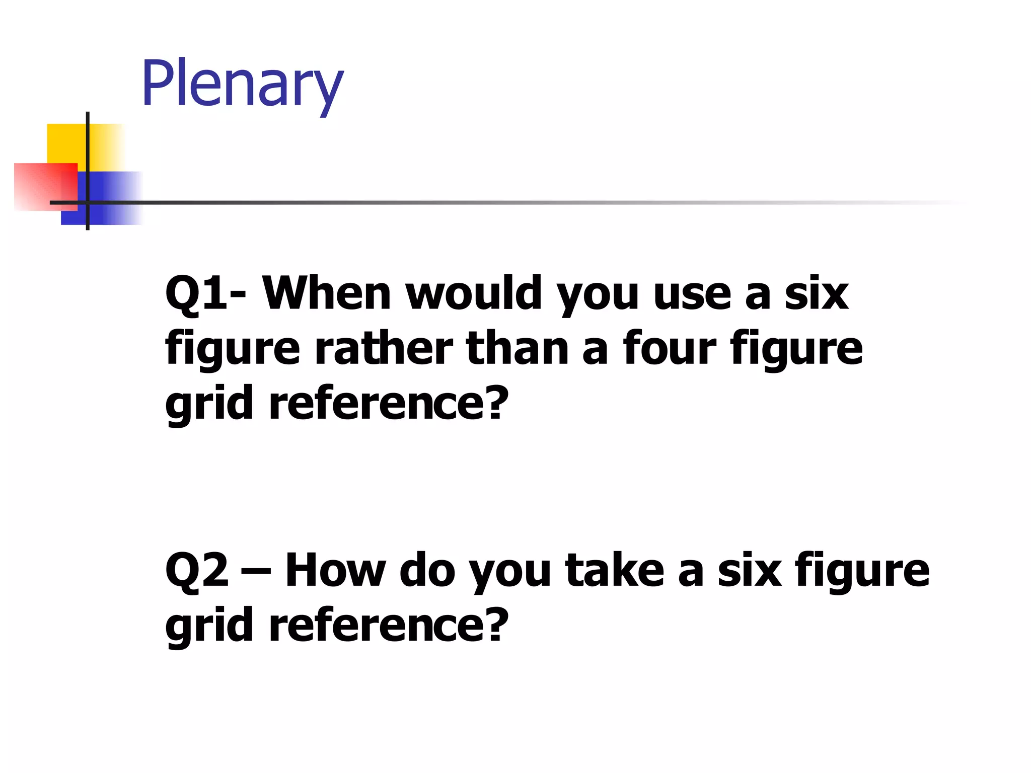 Plenary Q1- When would you use a six figure rather than a four figure grid reference? Q2 – How do you take a six figure grid reference? 