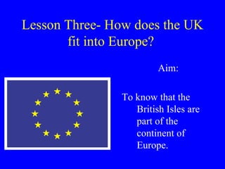 Lesson Three- How does the UK fit into Europe?   Aim: To know that the British Isles are part of the continent of Europe. 