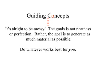 It’s alright to be messy!  The goals is not neatness or perfection.  Rather, the goal is to generate as much material as possible.  Do whatever works best for  you . Guiding C o ncepts 