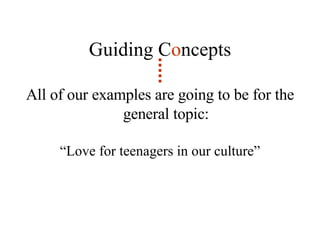 All of our examples are going to be for the general topic: “ Love for teenagers in our culture” Guiding C o ncepts 