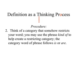 Definition as a Thinking Pr o cess Procedure: Think of a category that somehow restricts your word; you may use the phrase  kind of  to help create a restricting category; the category word of phrase follows  is  or  are . 