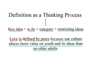Definition as a Thinking Pr o cess Key idea +  to be  + category + restricting ideas Love is defined by peers  because  our culture places more value on youth and its ideas than on older adults. 