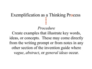 Exemplification as a Thinking Pr o cess Procedure Create examples that illustrate key words, ideas, or concepts.  These may come directly from the writing prompt or from notes in any other section of the invention guide where  vague ,  abstract , or  general ideas  occur. 
