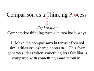 Comparison as a Thinking Pr o cess Explanation Comparative thinking works in two basic ways: 1. Make the comparisons in terms of shared similarities or unshared contrasts.  This form generates ideas when something less familiar is compared with something more familiar.  