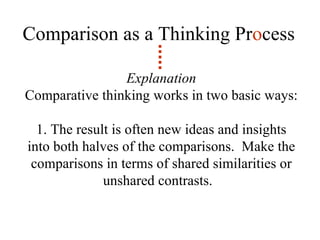 Comparison as a Thinking Pr o cess Explanation Comparative thinking works in two basic ways: 1. The result is often new ideas and insights into both halves of the comparisons.  Make the comparisons in terms of shared similarities or unshared contrasts.  