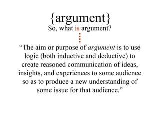 “ The aim or purpose of  argument  is to use logic (both inductive and deductive) to create reasoned communication of ideas, insights, and experiences to some audience so as to produce a new understanding of some issue for that audience.” So, what  is  argument? {argument} 