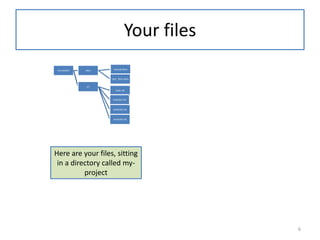 Your files
my-project docs manual.docx
user_docs.docx
src
main.rkt
module1.rkt
module2.rkt
module3.rkt
Here are your files, sitting
in a directory called my-
project
6
 