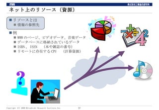 ネット上のリソース（資源） リソースとは 情報の参照先 例 WWWのページ、ビデオデータ、音楽データ データベースに格納されているデータ ISBN、ISSN　（本や雑誌の番号） リモートに存在するCPU　（計算資源） 